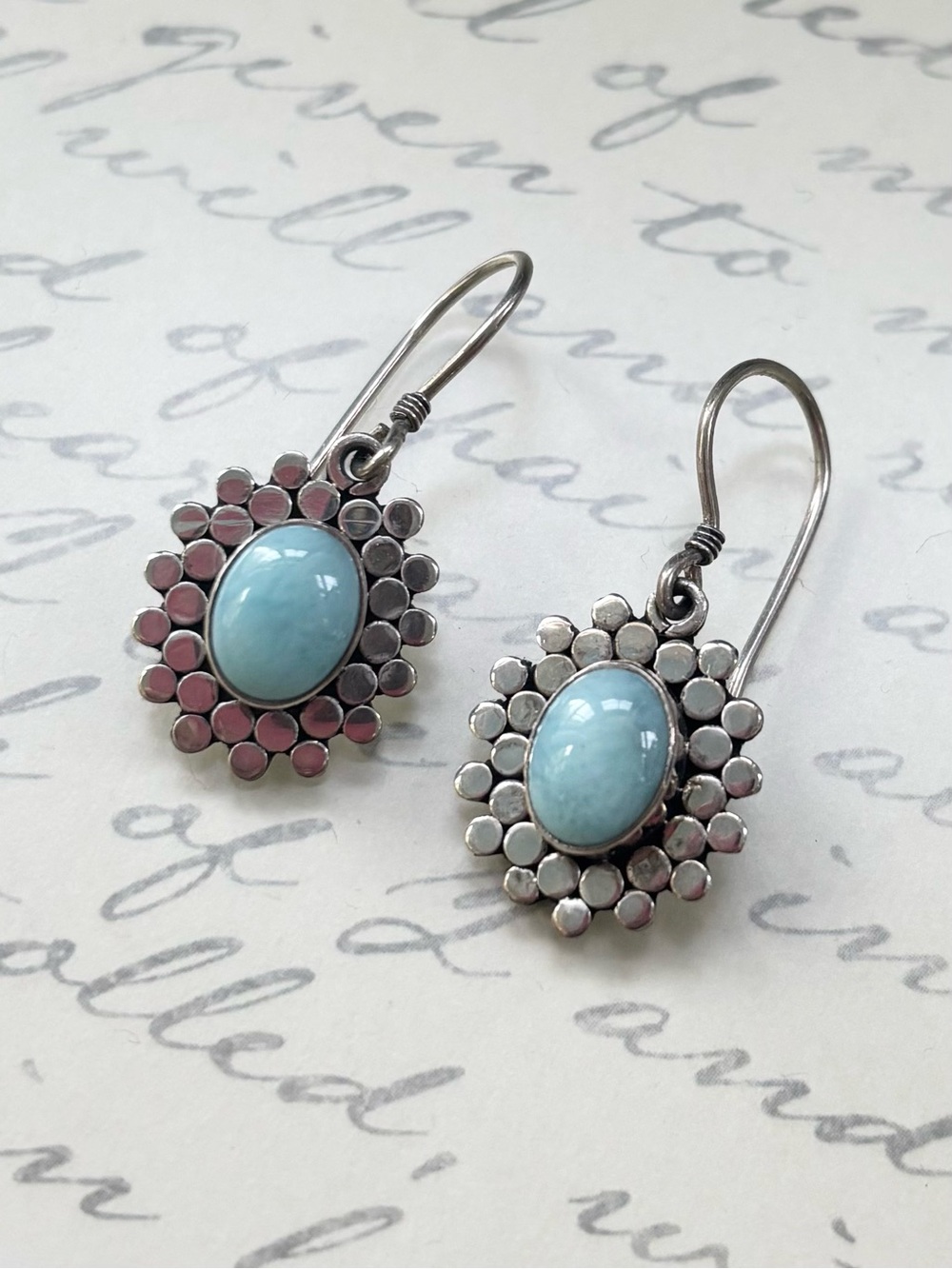 Sterling Silver Floral Drop Earrings with Light Blue Larimar Oval Gemstones